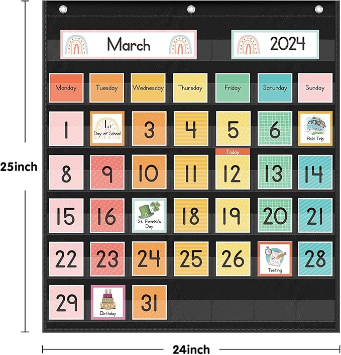 Eamay Rainbow Colorful Calendar Pocket Chart for Kids,Preschool Kindergarten Classroom Elementary Must Haves,Classroom Decorations Decor,Homeschool Teacher Supplies,Back to School Supplies