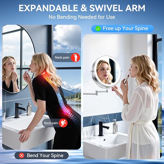 10'' 30X/1X Wall Mounted Lighted Makeup Mirror, 5000mAh Rechargeable Double-Sided Magnifying Mirror with Light, LED Vanity Mirror Touch Dimmable 3 Colors 360ยฐ Rotation Extended Foldable Arm, Chrome