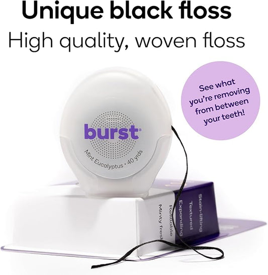 Burst Expanding Dental Floss (Mint Eucalyptus/120 Yards) | Stain Absorbing & Woven Tooth Floss with Xylitol Coating to Fight Cavities | Vegan | Paraben Free Expanding Floss