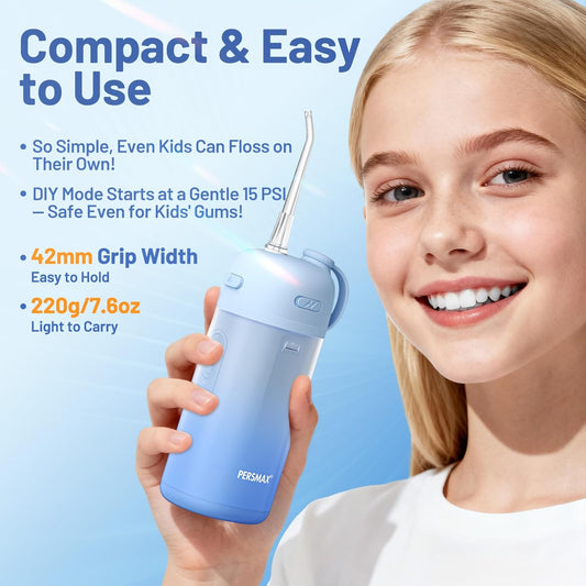 Portable Water Flosser for Teeth Cleaning - Cordless Dental Pick Electric Oral Irrigator for Travel, Kids, with 3 Modes 8 Pressure Settings, 2 Tips, 150ML, Mini Size, IPX7, Gradient Blue