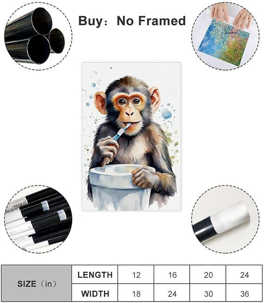 KIPNG Cheerful Monkey Hygiene_ Work of A Playful Dental Routine Poster Canvas Poster Bedroom Sports Landscape Office Room Gift Unframe-style16x24inch(40x60cm)