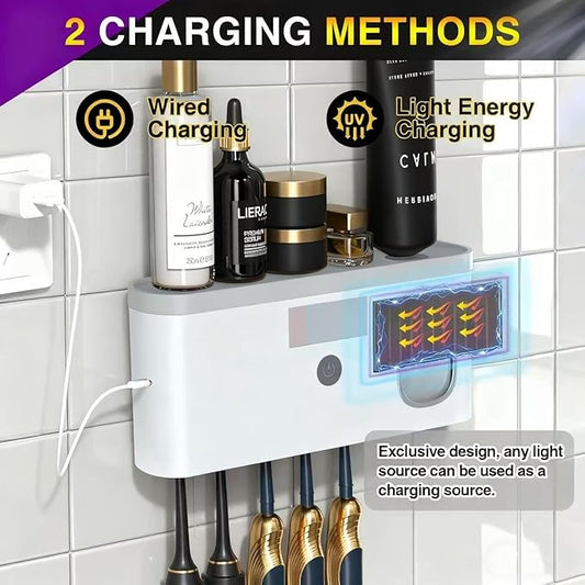 Wall Mounted Toothbrush Holder with Toothpaste Dispenser Electric Toothbrush Holder for Bathroom Solar Charging and No Drilling Required Smart Toothbrush Organizer with 5 Brush Slots