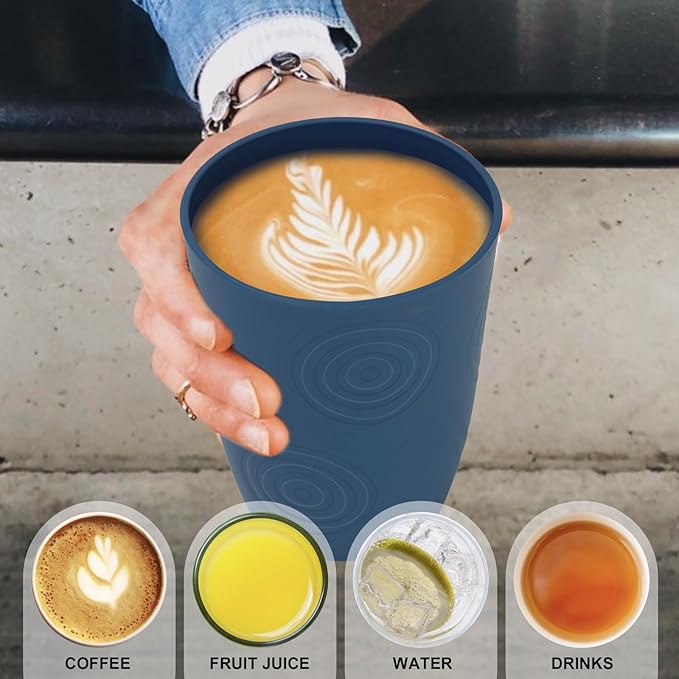 Wrova Wheat Straw Water Cups 16oz with Etched Pattern - Alternative Plastic Drinking Glasses Set of 6 - Reusable Tumbler Cups for Kids - Navy Blue