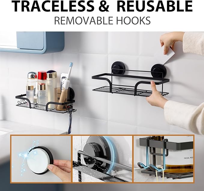 LEVERLOC Shower Caddy Suction Cup, 2 Pack Shower Shelves for Inside, Black Rustproof Metal Bathroom Storage NO-Drilling Bathroom Organizer with Large Capacity, Heavy Duty Storage Basket