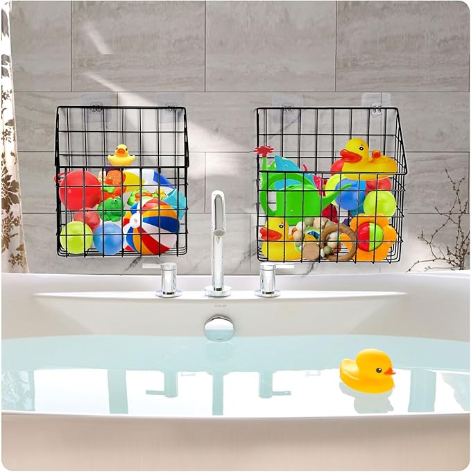 2 Pack Bath Toy Storage Organizer Basket, Large Metal Bathtub Toy Holder, Wall Mounted Hanging Shower Basket, Bath Toy Organizer For Bathtub for Easy Access and Sorting Toys/Clothes/Toiletries