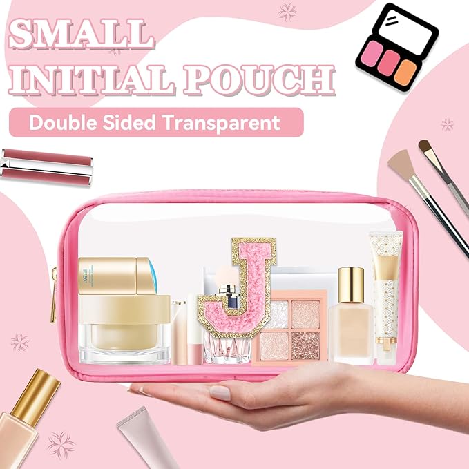 Small Clear Personalized Initial Makeup Bag,Nylon Preppy A-Z Chenille Letter Patch Cosmetic Pouch Beach Toiletry Bag,Waterproof Zipper Travel Purse Storage Bag Organizer for Women Girls(Pink-Pink J)