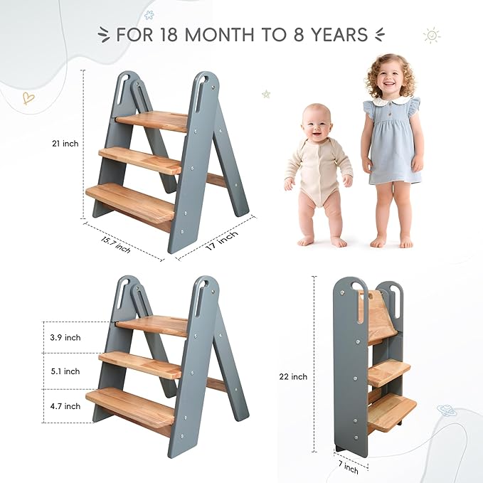 Step Stool for Toddler, 3-Step Kids Step Stool for Bathroom Sink, Foldable Toilet Potty Training Stool with Handles, Child Kitchen Counter Stool Helper Wooden Ladder for Toddlers (Grey)