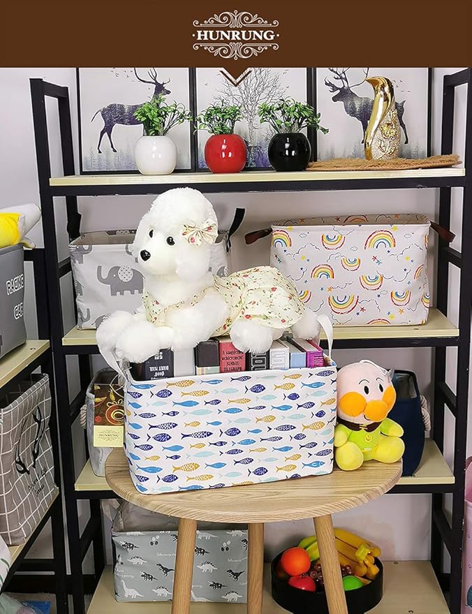 HUNRUNG Rectangle Storage Basket Cute Canvas Organizer Bin for Pet/Children Toys, Books, Clothes Perfect for Rooms/Playroom(rectangle-fish)