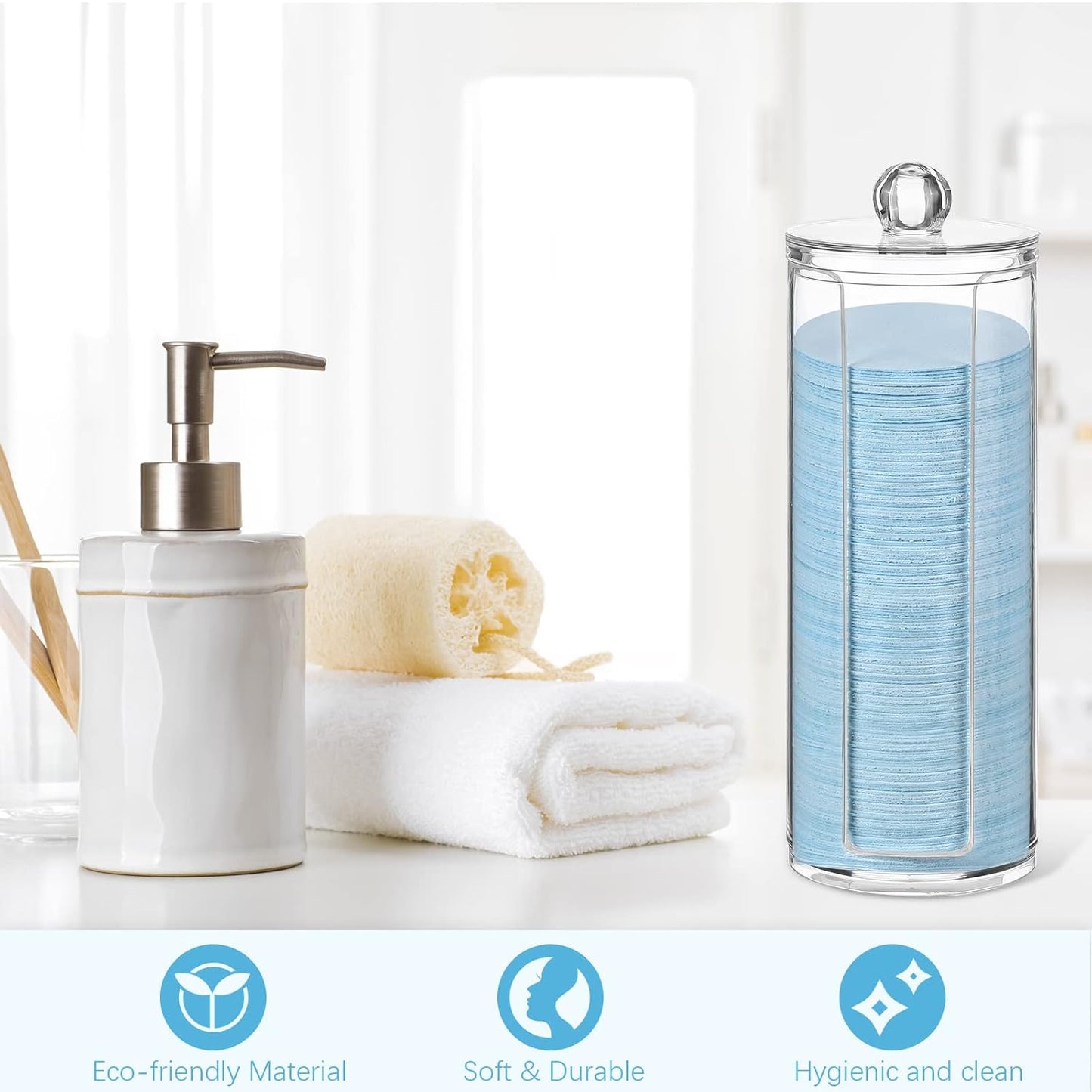 Sieral 120pcs Compressed Facial Sponges Disposable Natural Face Sponges Round Soft Pads with Container for Washing Face Cleansing Exfoliating Esthetician Makeup Removal Travel(Light Blue)