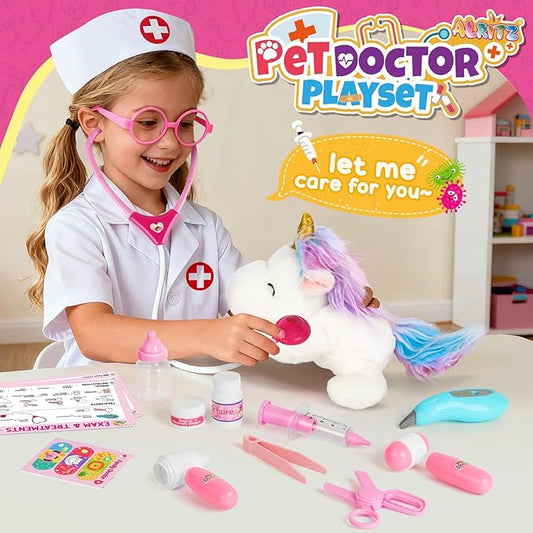 Alritz Unicorn Doctor Kit for Girls - Pretend Play Toys with Stethoscope, Carrying Bag, Vet Costume, Kids Doctors Play Set for Ages 3 4 5 +, Birthday Ideas