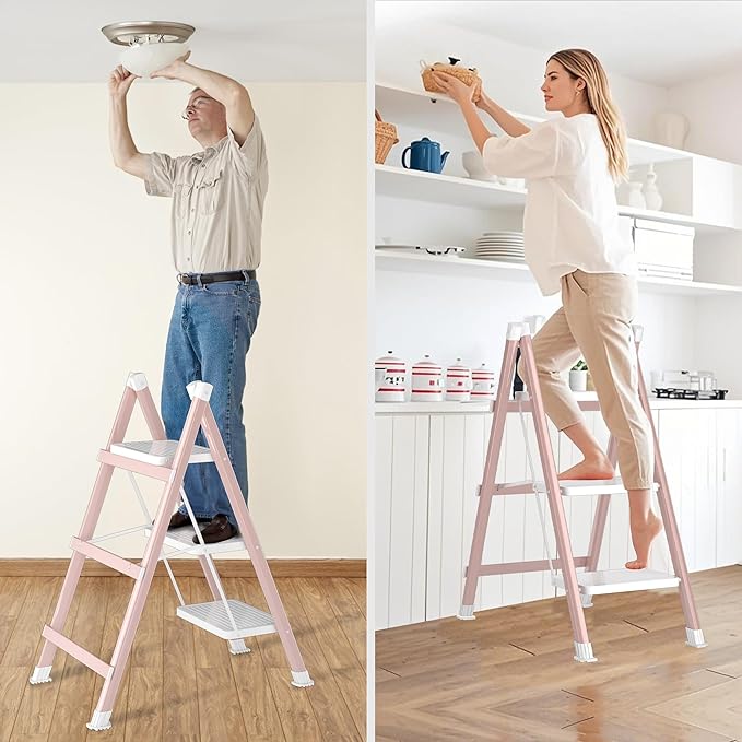 3 Step Ladder, Folding Step Stool with Anti-Slip Wide Pedal, Anti-Slip Feet, Sturdiest Steel Construction, Steel Ladder for Home and Office, Pink White