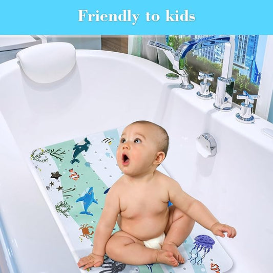 Bath Mat for Tub Non Slip, Machine Washable Anti-Slip Cartoon Baby Bathtub Shower Mat with Drain Holes and Suction Cups for Toddler & Kids (27.5 Inch x 16 Inch-Rectangular, Blue Dolphine)