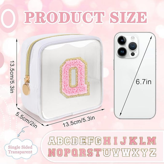 Mini Clear Personalized Initial Makeup Bag,Small Nylon Waterproof Zip Beach Cosmetic Pouch,Preppy A-Z Chenille Letter Patch Cute Coin Purse Travel Toiletry Bag Car Pack Bag for Women(White-Pink Q)