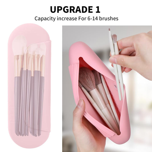 Silicone Makeup Brush Holder Travel Cosmetic Bag:Soft Portable Cosmetic Face Brushes Holder with Upgrade Anti-Fall Out Magnetic Closure, Large Travel Makeup Brush Case - Pink
