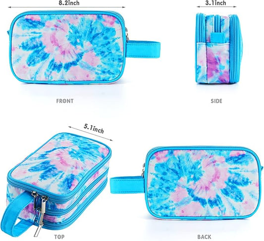 Kids Toiletry Bag for Girls, Travel Toiletry Bag for Teen Girls Cosmetic Bag Makeup Bag Waterproof Hanging Wash Bag Toiletries, Tie Dye Blue