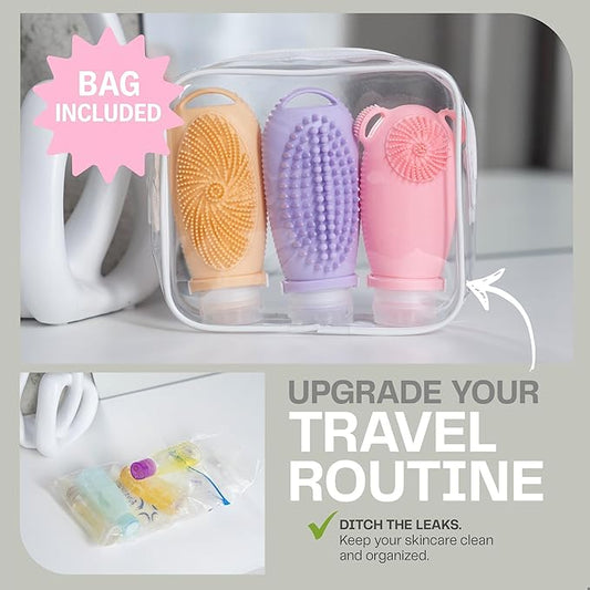 Sumina Silicone Travel Bottles 3-Pack (3.4 oz) with TSA Bag | TSA-Approved Leakproof Toiletry Containers | Refillable Shampoo Bottles with Gentle Exfoliation | Soft, Squeezable Silicone