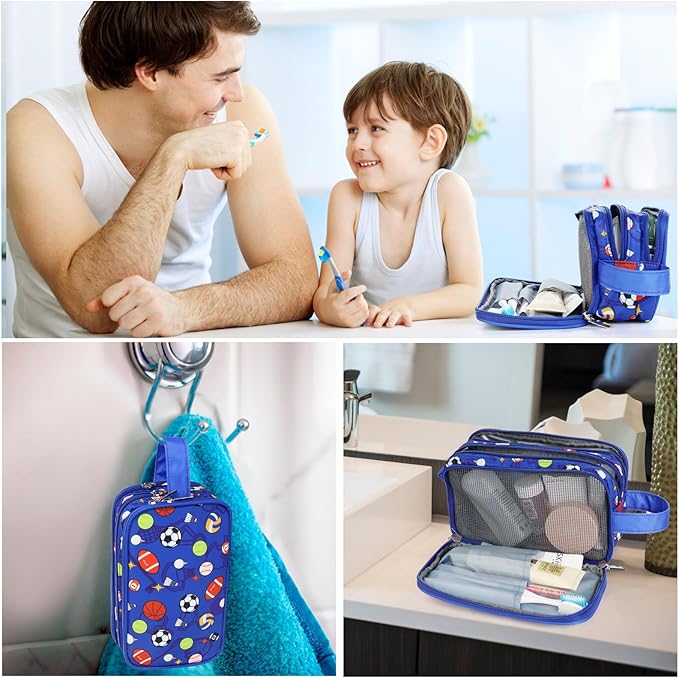 Kids Toiletry Bag for Boys, Travel Toiletry Bag for Little Young Boys Waterproof Hanging Wash Bag Toddler Traveling Toiletries, Soccer Balls Blue