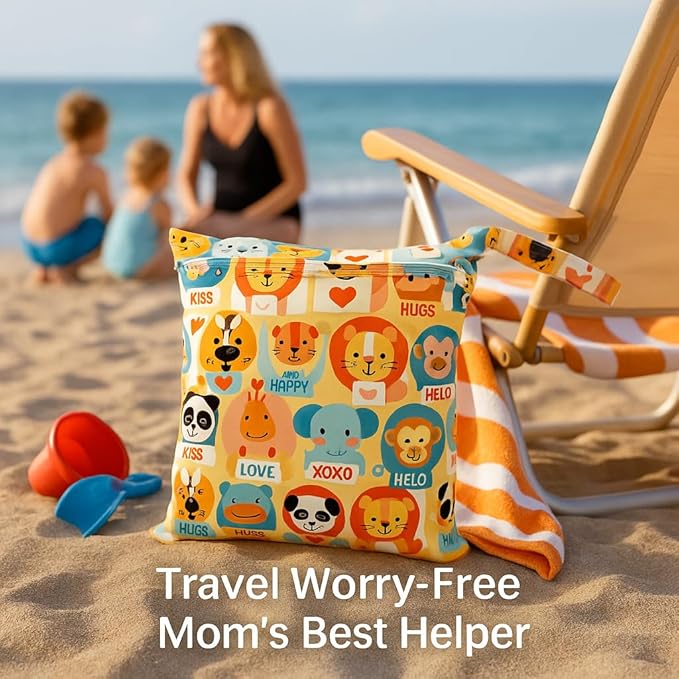 Waterproof Wet Dry Bag, Reusable Diaper Pouch with Zipper, Machine Washable Travel Organizer for Beach, Daycare, Kids, Dinosaur Pattern (Orange Lion)