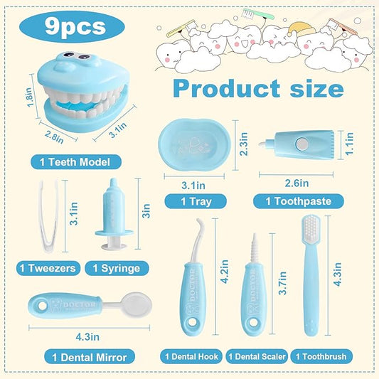 9-Piece Dental Pretend Play Set, Educational Dentist Play Kit with Teeth Model, Toothbrush, Dental Mirror, Syringe, Toothpaste, Tray, and Dental Tools, Fun Pretend Play Doctor Kit for Kids (Blue)