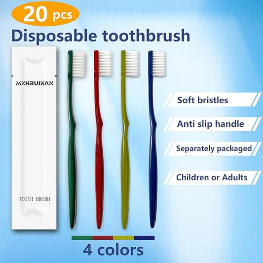 20 PCS Disposable Toothbrushes, Bulk Individually Wrapped Toothbrushes, Travel Toothbrush Pack, Ultra Soft Bristles & Non-Slip Handle, Perfect for Home, Travel, Hotel, Donation (20 Pieces)
