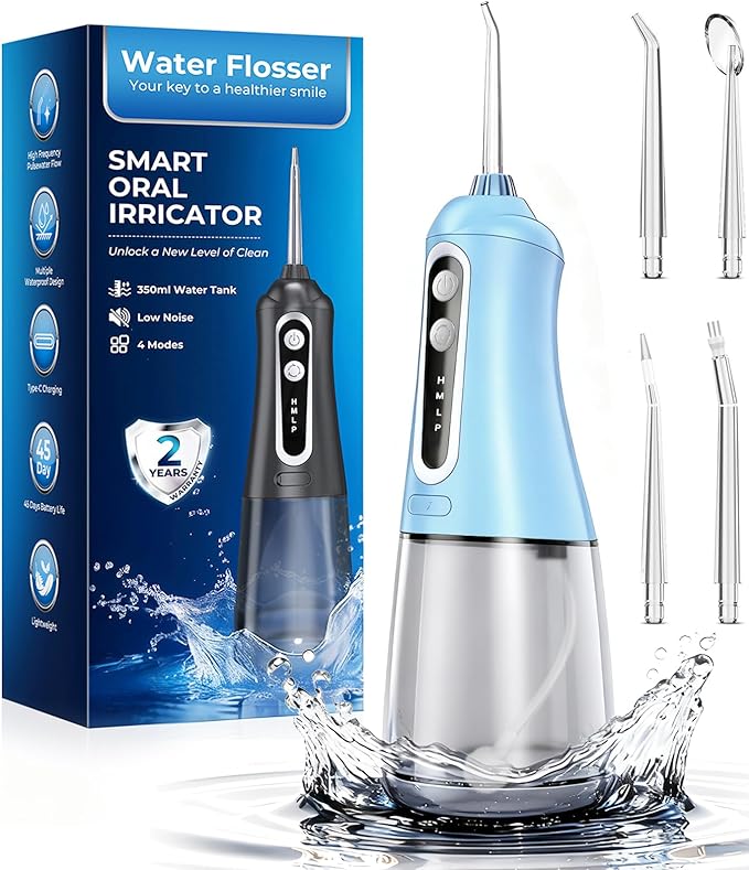 Water Dental Flosser Pick for Teeth, Cordless Oral Irrigator Cleaner 350ML IPX7 Waterproof Rechargeable, 4 Modes 4 nozzles, Portable Professional Flossing for Cleaning Gum Care Braces Home Travel