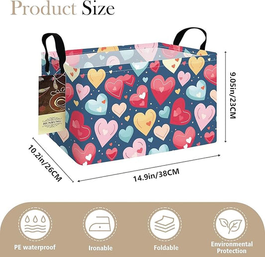 HUNRUNG Rectangle Storage Basket Cute Canvas Organizer Bin for Pet/Children Toys, Books, Clothes Perfect for Rooms/Playroom(REC-Colorful Heart)