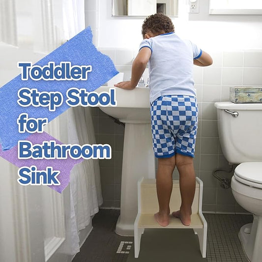 WOOD CITY Kids Step Stool for Toddler, Wooden White-Natural Patchwork Two Step Children's Stools with Handles, Bonus Non-Slip Pads for Safety, Bathroom Potty Stool & Kitchen Step Stools Dual Height