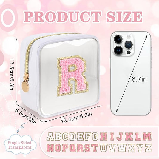 Mini Clear Personalized Initial Makeup Bag,Nylon Preppy A-Z Chenille Letter Patch Zipper Cosmetic Bag, Small Cute Beach Pouch Travel Purse Sanitary Napkin Storage Bag for Women Girls(White-Pink R)
