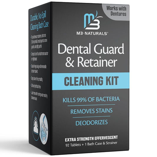 Retainer Cleaner and Soak Container, No-Mess Cleaning Tablets with Universal Denture Bath Case and Strainer, Multipurpose, for Mouth Guard Stains, Odor, and Plaque (92 Tablets + 1 Bath) by M3 Naturals