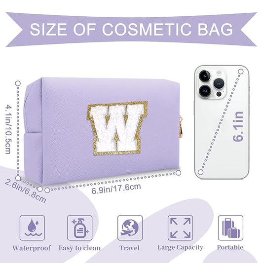 Personalized Makeup Bag Initial A-Z Preppy Patch Bag,Small PU Leather Travel Cosmetic Bag Pouch with Zipper,Purple Cute Toiletry Bag,Gift Ideal for Teen Girls Women Birthday Friend Mom,Latter W