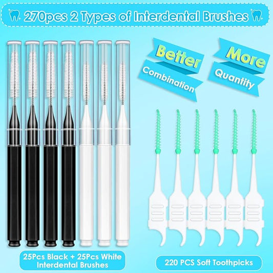 270Pcs Interdental Brush, 220Pcs Soft Dental Picks & 50Pcs Braces Brush for Teeth, Bendable Braces Flossers Heads Interdental Brushes Between Teeth Oral Tooth Braces Cleaner (Black & White)