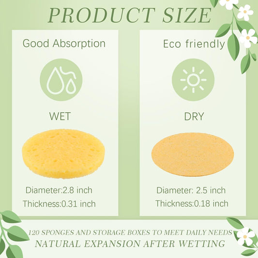 120 Pcs Compressed Facial Sponges Natural Face Exfoliator Disposable Face Sponges for Cleansing Round Soft Facial Scrubber Pads with Storage Container for Makeup Removal Esthetician Supplies Travel