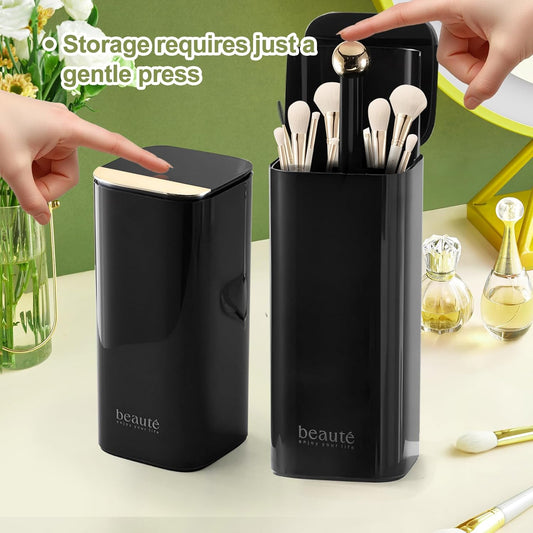 DASITON Makeup Brush Holder with Lid,4 Slots Makeup Brush Organizer,Automatic Lifting Makeup Cosmetics Organizer,for Vanity Decor,Bathroom Countertop,Dustproof Cosmetic Brushes Container(Gold-Black)