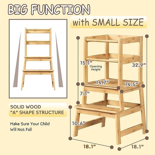 Kitchen Step Stool for Toddlers with Safety Rail, Wooden Toddler Standing Tower Kids Montessori Learning Stool Helper with A Anti-tip Structure for Kitchen Bathroom, Anti-Slip, Natural