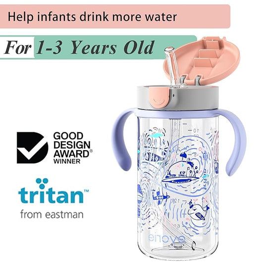 Evorie Tritan Spill Proof Toddler Straw Sippy Cup, 10 oz for Baby and Toddlers 1-3 Years Old, No Spill Straw Water Bottle with Removable Handles, Ideal for School, BPA-Free, Travel in Space
