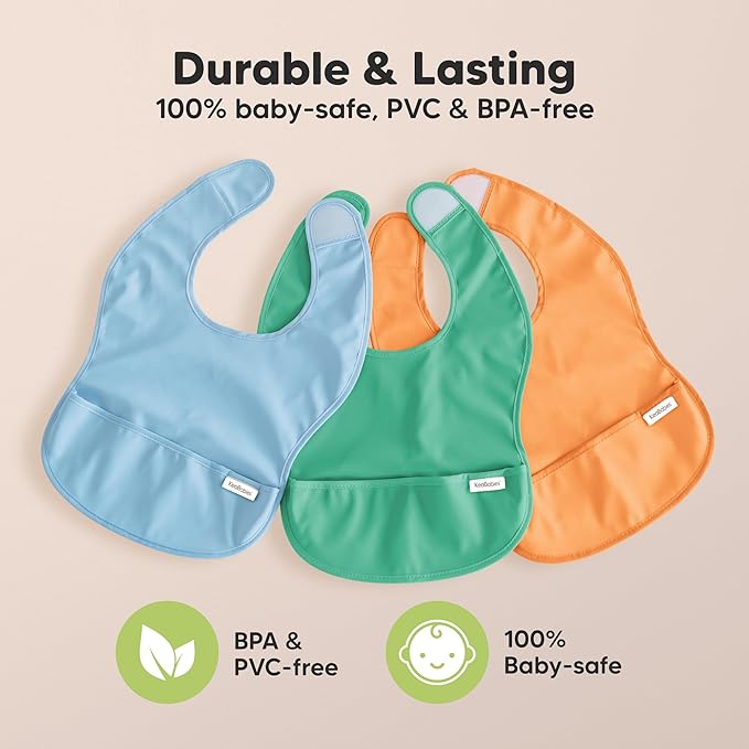 3-Pack Waterproof Baby Bibs for Eating - Lightweight Toddler Feeding Bibs with Large Food Catcher, Mess Proof, Food-Grade Baby Eating Essentials, Easy to Put On & Clean (Basics)