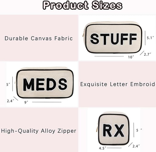 3Pcs Canvas Rx MEDS STUFF Packages, Cute Chenille Letter Patch Drug Makeup Bag with Metal Zipper, Mini Travel First Aid Purse Organizer Machine Washable (3Pcs Bags)
