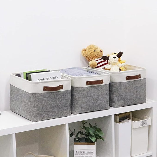 HNZIGE Fabric Storage Baskets for Shelves(3 Pack) Large Collapsible Storage Baskets for Organizing, Decorative Baskets Bins Set with Handles for Closet, Clothes, Toy, Home(White&Gray,15" x 11" x 9.5")