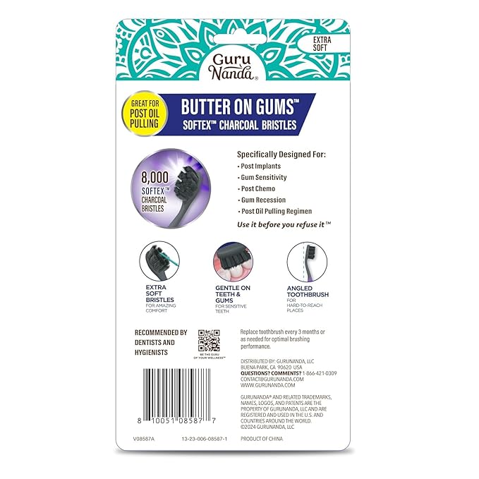 GuruNanda Butter on Gums Charcoal Toothbrush - 8000+ SoftexTM Bristles for Sensitive Teeth & Gums, Aids in Teeth Whitening, Extra Soft (6 Count)