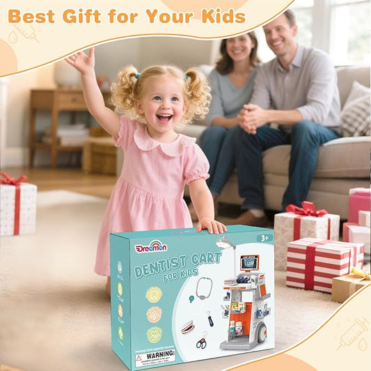 Dreamon Doctor Kit for Toddlers 3-5 Pretend Play Toys - 29 Pcs Kids Dentist Cart Play Set with Light and Costume - Role Play Medical Toy for 3+ Year Old Boys and Girls Christmas Birthday Gifts