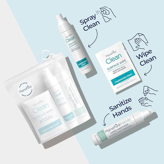 Travel Essentials | Hygiene Kit | Travel Toiletry Kit | Travel Size | Gel Hand Sanitizer 3-Mint Scent | Surface Wipes | Individual Travel Wipes | Surface Cleaner & Air Mist | Made with Essential Oils