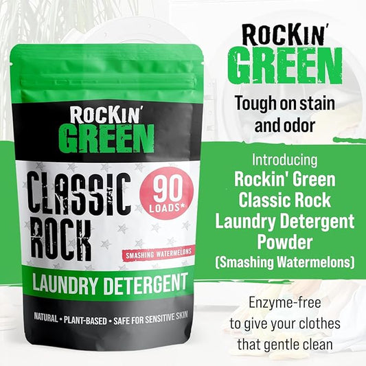 Rockin' Green Classic Rock Laundry Detergent (90 Loads), Plant based, All Natural Laundry Detergent Powder, Vegan and Biodegradable Odor Fighter, Safe for Sensitive Skin, 45 oz (Smashing Watermelons)