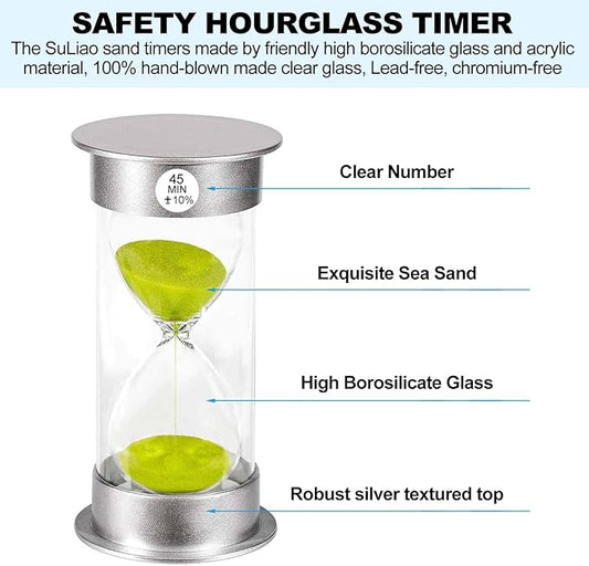 Hourglass Sand Timer 45 Minute, Green Sand Clock 45 Minute, Small Sand Watch 45 Min, Silver Plastic Hour Glass Sandglass Timer for Kids, Games, Classroom, Kitchen, Decoration