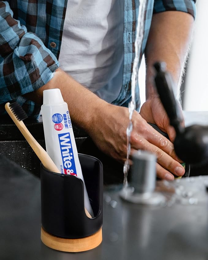 Ceramic Bathroom Cups Dispenser - 3 oz Disposable Paper & Plastic Bathroom Cups Holder - Mouthwash Cups Dispenser for Bathroom, Guest Toiletries, Countertop - BPA Free, Kids Safe (Black)