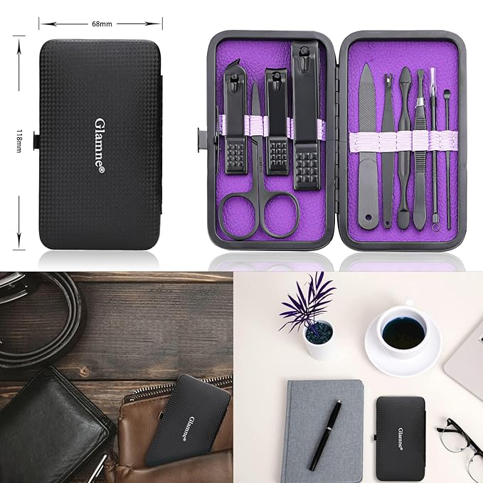 Manicure Set Nail Clippers Kit Professional Stainless Steel Nail Care Tools with Leather Travel Case 10 in 1 Purple
