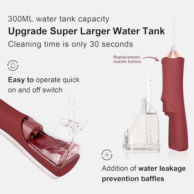 Water Dental Flosser for Teeth, Portable Cordless Water Flosser with 300ML Rechargeable with Type-C, IPX7 Waterproof Water Flossers for Adults with 3 Intensity Modes and 3 Flossing Tips Bordeaux