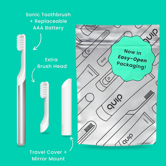 Quip Metal Sonic Electric Toothbrush for Adults - Time Travel & Soft Bristles with Travel Case & Replacement Brush Head - 3 Month Battery Life - Silver