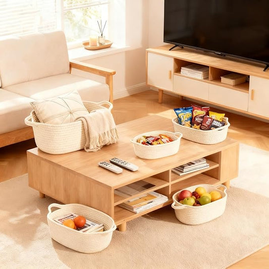 5-Piece Storage Shelf Basket Set, Natural Cotton Rope Woven Basket with Handles, Decorative Rectangle Organizer Bin for Home, Nursery, Montessori, Pet Toy Storage and Bathroom Organization, White