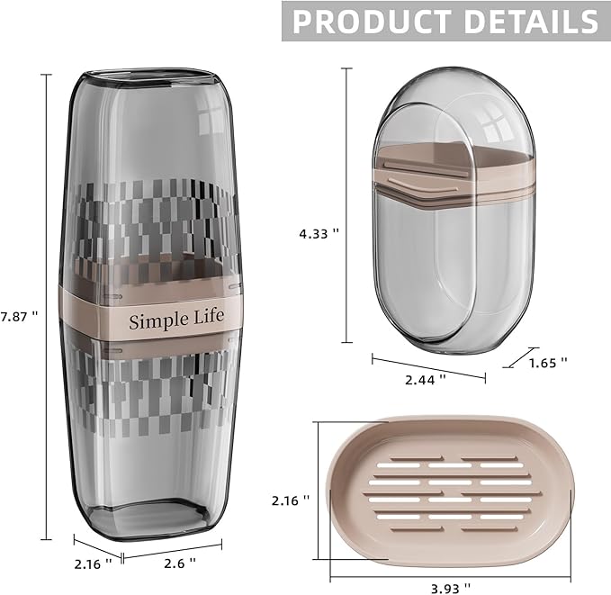VITVITI Travel Soap Case Container, Portable Toothbrush Travel Case Dish Tray, 7.88 Inch Toothpaste Traveling Toothbrush Holder Set with Cover for Trip/Bathroom/Camping, Gray