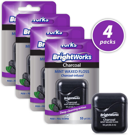 BrightWorks Activated Charcoal Dental Floss - 55 Yards (Pack of 4) - Infused Waxed with Natural Fresh Mint Flavor for Oral Care, Dental Hygiene, and Gum Health